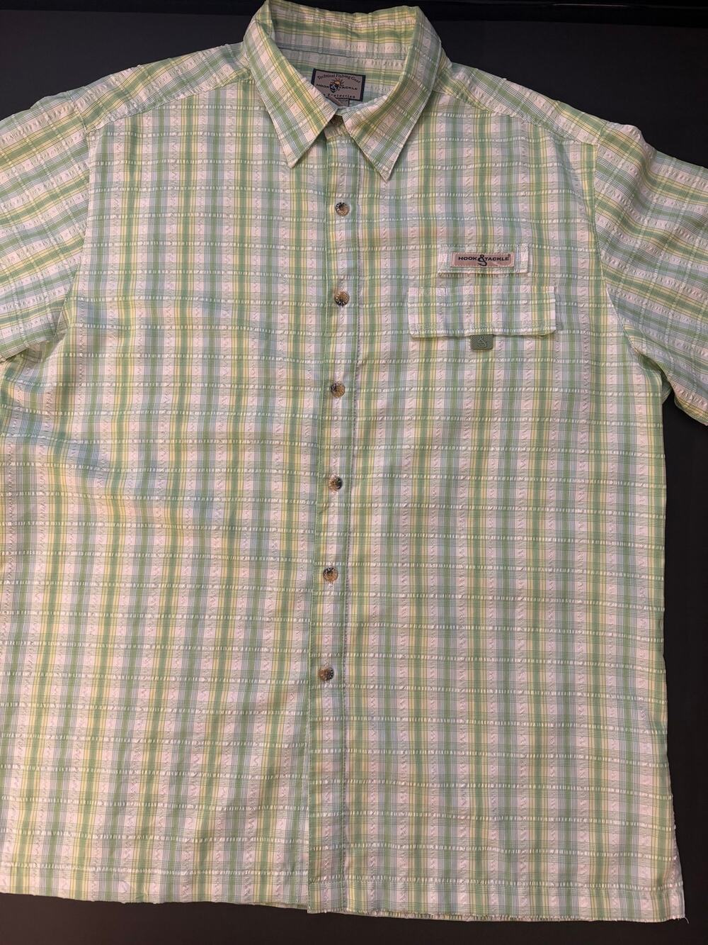 Hook & Tackle Men’s XL Green Plaid Short Sleeve Fishing Shirt UPF Sun Protection